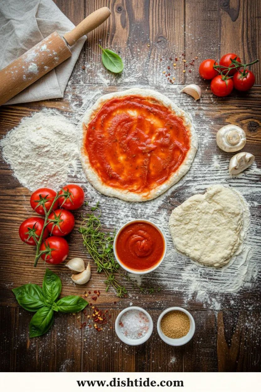 Pizzadej, tomatsauce, tomater og frisk basilikum på et træbord
